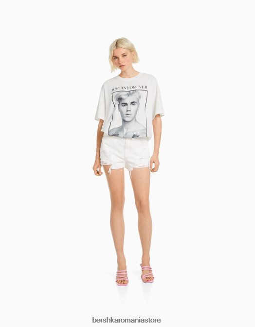 Bershka femei tricou cu mânecă scurtă cu imprimeu Justin Bieber aproape alb Z86D472 îmbrăcăminte