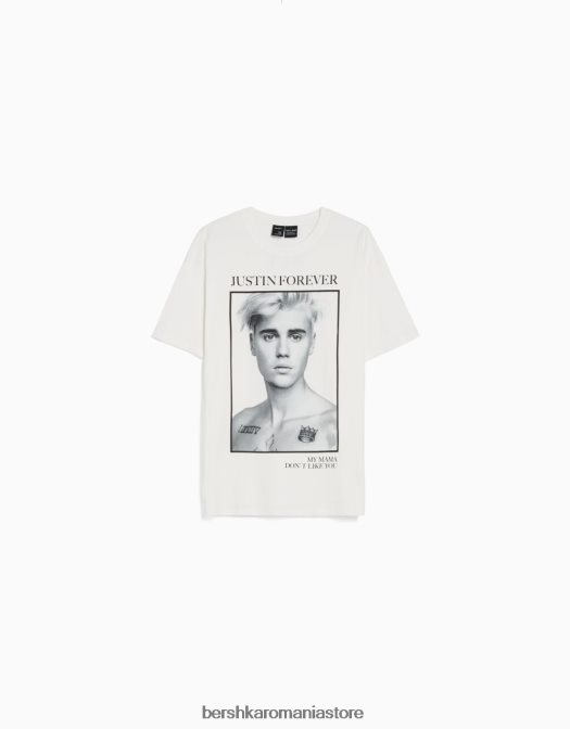 Bershka femei tricou cu mânecă scurtă cu imprimeu Justin Bieber aproape alb Z86D472 îmbrăcăminte
