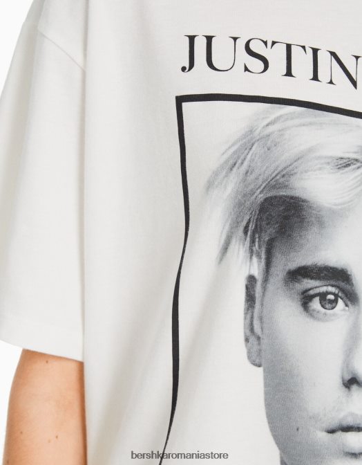 Bershka femei tricou cu mânecă scurtă cu imprimeu Justin Bieber aproape alb Z86D472 îmbrăcăminte