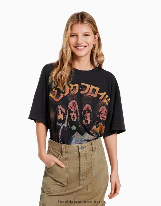 Bershka femei tricou cu mânecă scurtă cu imprimeu Pink Floyd gri Z86D558 îmbrăcăminte