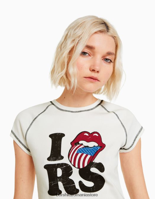 Bershka femei tricou cu mânecă scurtă, cu imprimeu Rolling Stones cremă Z86D513 îmbrăcăminte