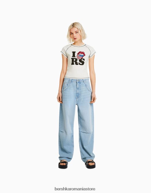 Bershka femei tricou cu mânecă scurtă, cu imprimeu Rolling Stones cremă Z86D513 îmbrăcăminte