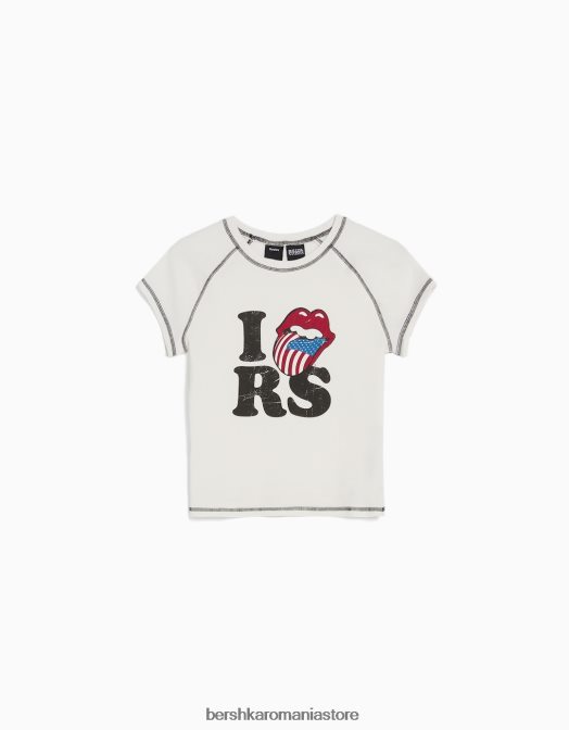 Bershka femei tricou cu mânecă scurtă, cu imprimeu Rolling Stones cremă Z86D513 îmbrăcăminte