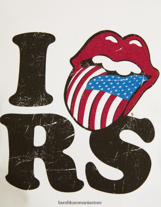Bershka femei tricou cu mânecă scurtă, cu imprimeu Rolling Stones cremă Z86D513 îmbrăcăminte
