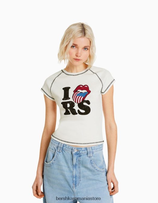 Bershka femei tricou cu mânecă scurtă, cu imprimeu Rolling Stones cremă Z86D514 îmbrăcăminte