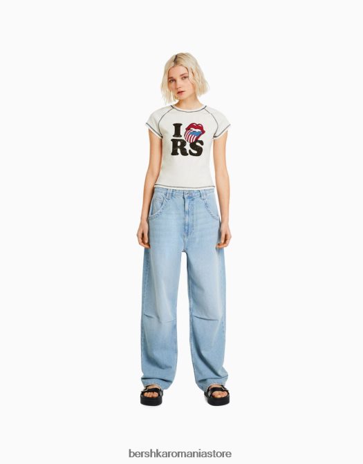 Bershka femei tricou cu mânecă scurtă, cu imprimeu Rolling Stones cremă Z86D514 îmbrăcăminte