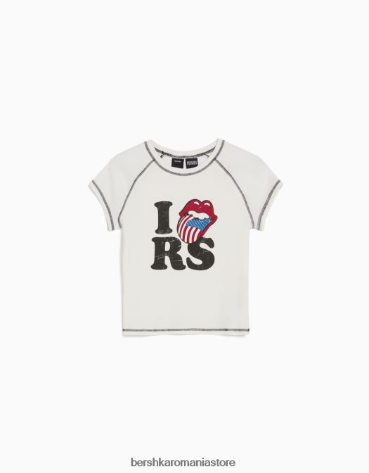 Bershka femei tricou cu mânecă scurtă, cu imprimeu Rolling Stones cremă Z86D514 îmbrăcăminte