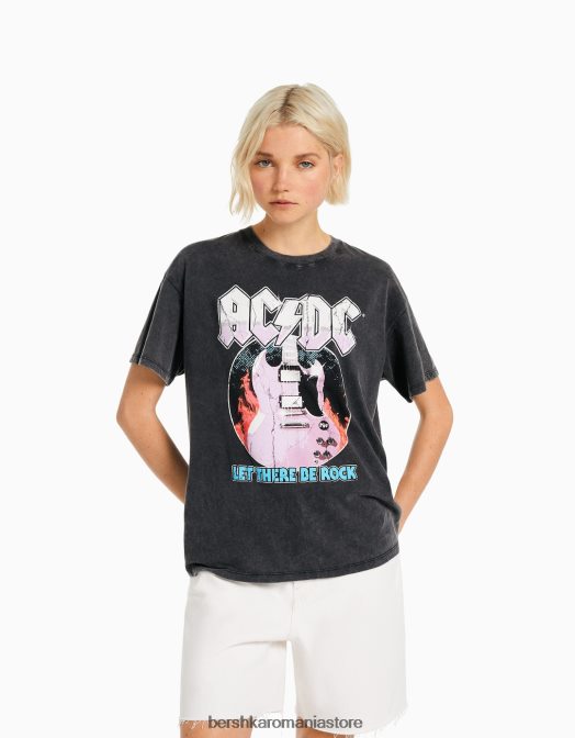 Bershka femei tricou cu mânecă scurtă cu imprimeu ac/dc gri Z86D471 îmbrăcăminte