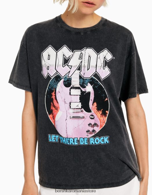 Bershka femei tricou cu mânecă scurtă cu imprimeu ac/dc gri Z86D471 îmbrăcăminte