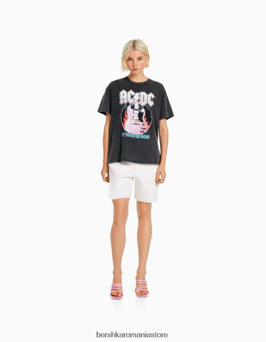 Bershka femei tricou cu mânecă scurtă cu imprimeu ac/dc gri Z86D471 îmbrăcăminte