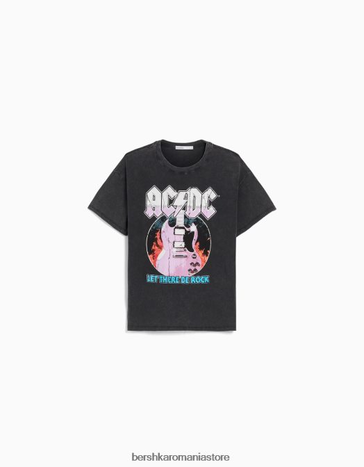 Bershka femei tricou cu mânecă scurtă cu imprimeu ac/dc gri Z86D471 îmbrăcăminte