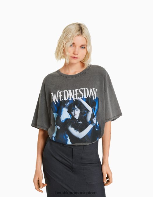 Bershka femei tricou cu mânecă scurtă cu imprimeu de miercuri gri Z86D475 îmbrăcăminte