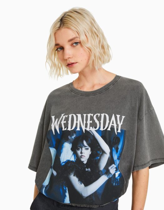 Bershka femei tricou cu mânecă scurtă cu imprimeu de miercuri gri Z86D475 îmbrăcăminte