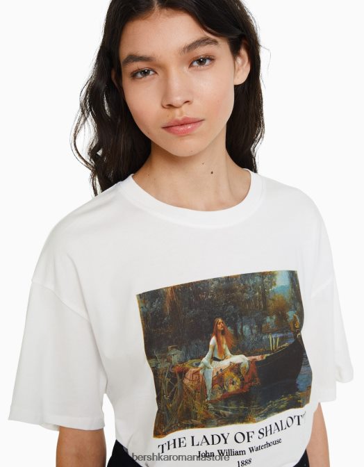 Bershka femei tricou cu mânecă scurtă cu imprimeu din seria de artă aproape alb Z86D448 îmbrăcăminte