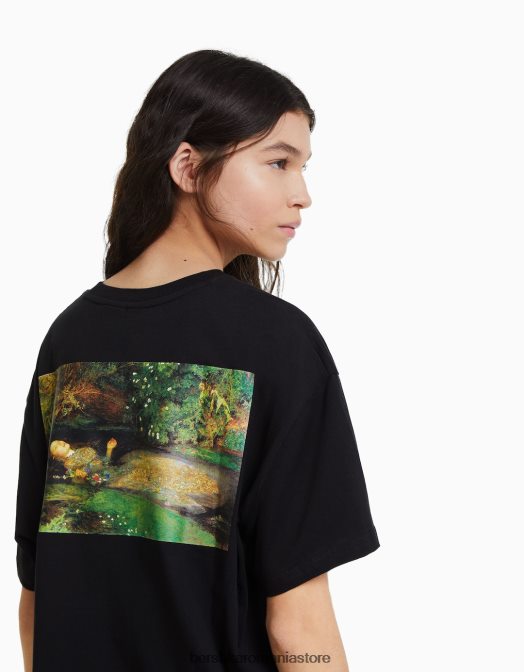 Bershka femei tricou cu mânecă scurtă cu imprimeu din seria de artă negru Z86D446 îmbrăcăminte