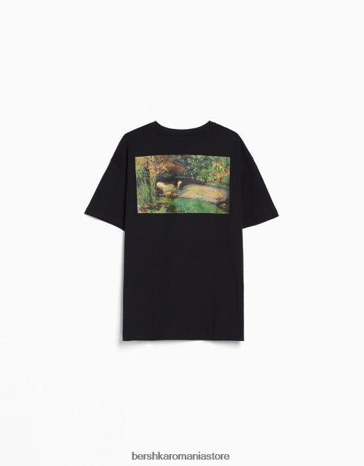 Bershka femei tricou cu mânecă scurtă cu imprimeu din seria de artă negru Z86D446 îmbrăcăminte