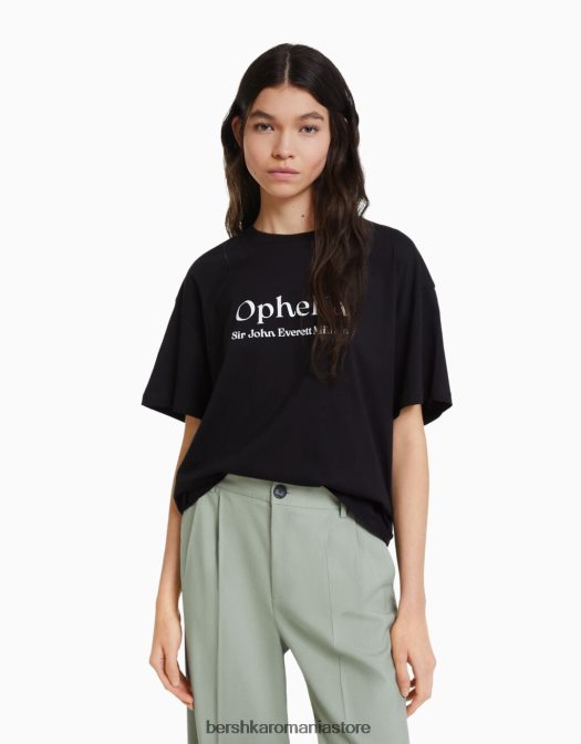 Bershka femei tricou cu mânecă scurtă cu imprimeu din seria de artă negru Z86D447 îmbrăcăminte