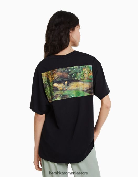 Bershka femei tricou cu mânecă scurtă cu imprimeu din seria de artă negru Z86D447 îmbrăcăminte