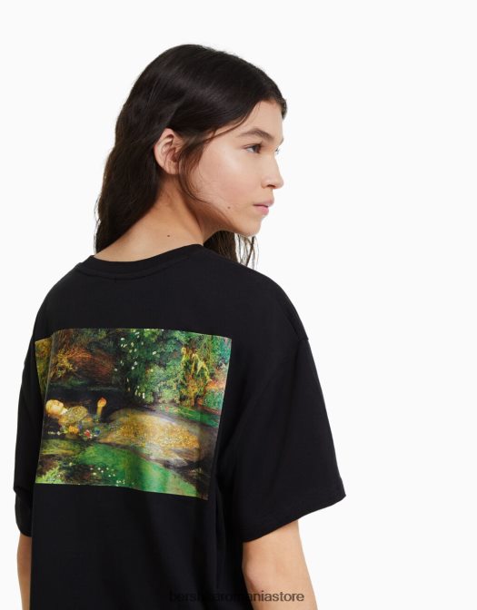 Bershka femei tricou cu mânecă scurtă cu imprimeu din seria de artă negru Z86D447 îmbrăcăminte