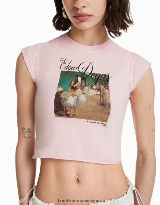 Bershka femei tricou cu mânecă scurtă cu imprimeu din seria de artă roz Z86D438 îmbrăcăminte