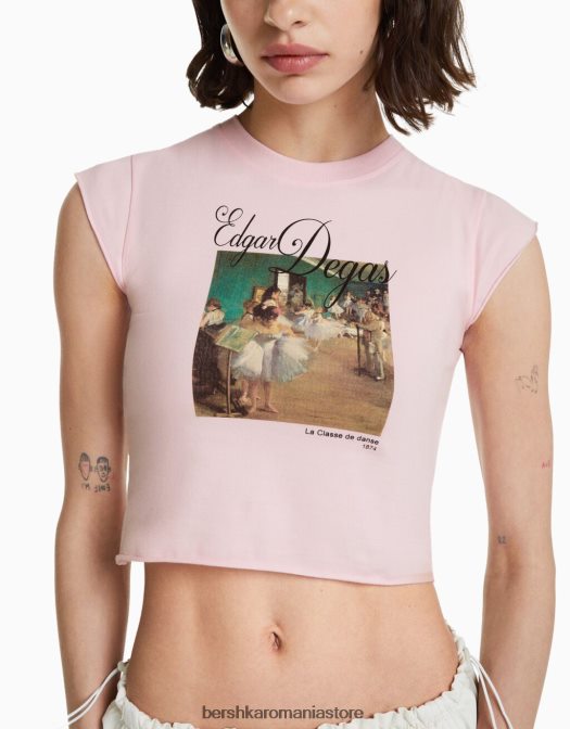 Bershka femei tricou cu mânecă scurtă cu imprimeu din seria de artă roz Z86D439 îmbrăcăminte