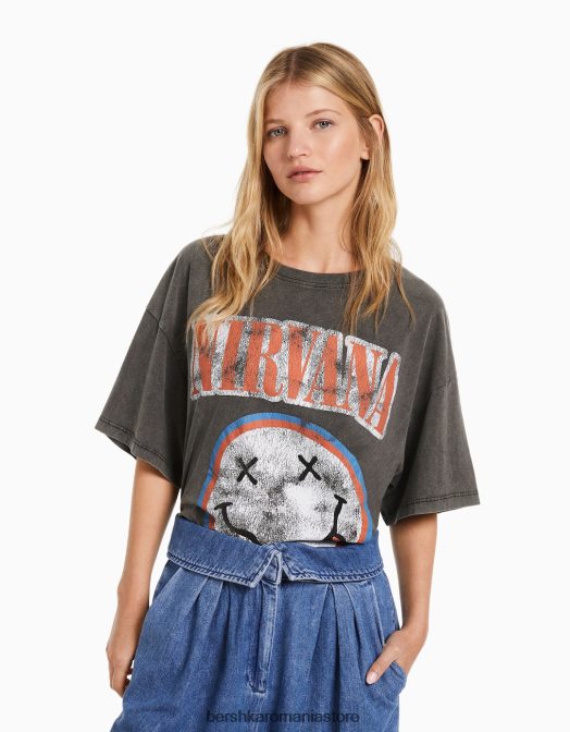 Bershka femei tricou cu mânecă scurtă cu imprimeu nirvana gri Z86D556 îmbrăcăminte