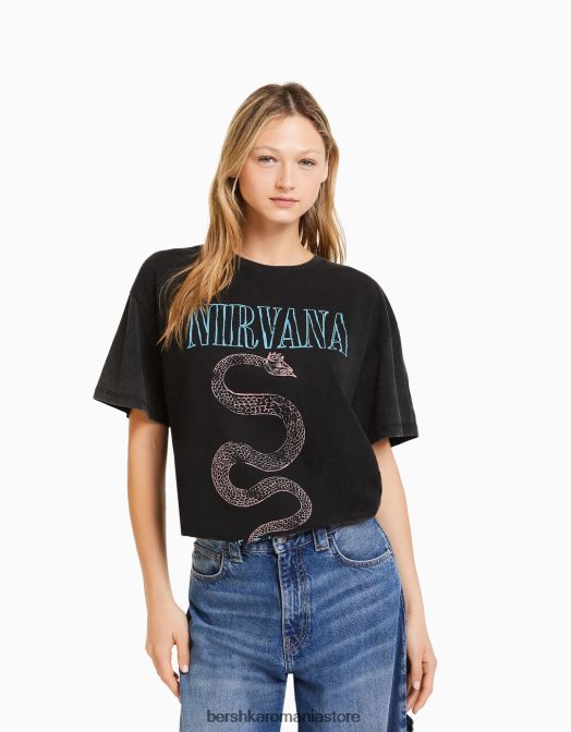 Bershka femei tricou cu mânecă scurtă cu imprimeu nirvana gri Z86D557 îmbrăcăminte