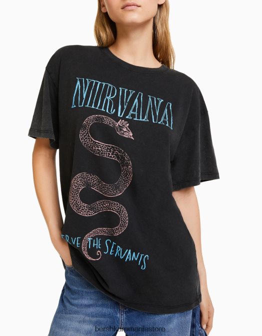 Bershka femei tricou cu mânecă scurtă cu imprimeu nirvana gri Z86D557 îmbrăcăminte