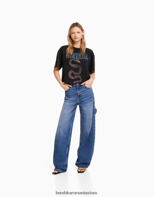 Bershka femei tricou cu mânecă scurtă cu imprimeu nirvana gri Z86D557 îmbrăcăminte