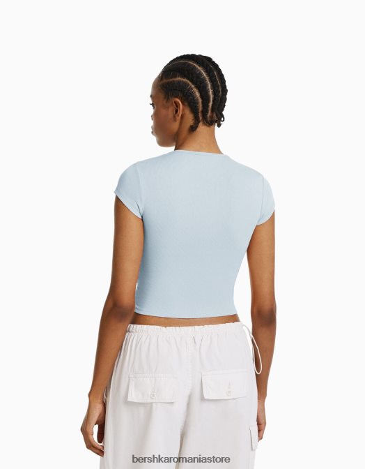 Bershka femei tricou cu mânecă scurtă cu nervuri albastru deschis Z86D348 îmbrăcăminte