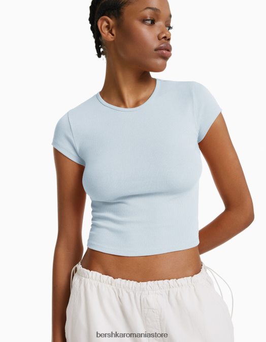 Bershka femei tricou cu mânecă scurtă cu nervuri albastru deschis Z86D348 îmbrăcăminte