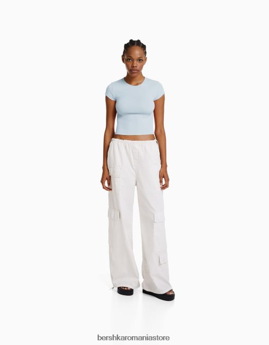 Bershka femei tricou cu mânecă scurtă cu nervuri albastru deschis Z86D348 îmbrăcăminte