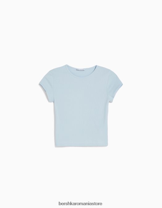 Bershka femei tricou cu mânecă scurtă cu nervuri albastru deschis Z86D348 îmbrăcăminte