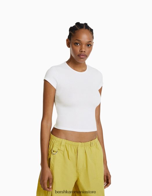 Bershka femei tricou cu mânecă scurtă cu nervuri aproape alb Z86D347 îmbrăcăminte