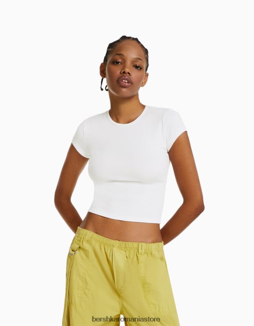 Bershka femei tricou cu mânecă scurtă cu nervuri aproape alb Z86D347 îmbrăcăminte