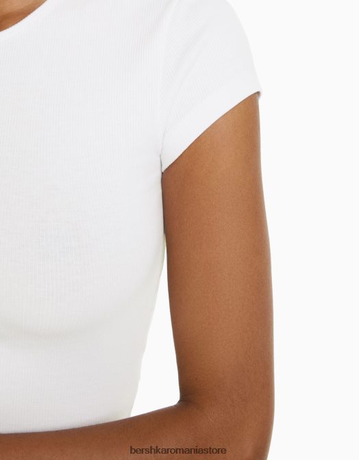 Bershka femei tricou cu mânecă scurtă cu nervuri aproape alb Z86D347 îmbrăcăminte
