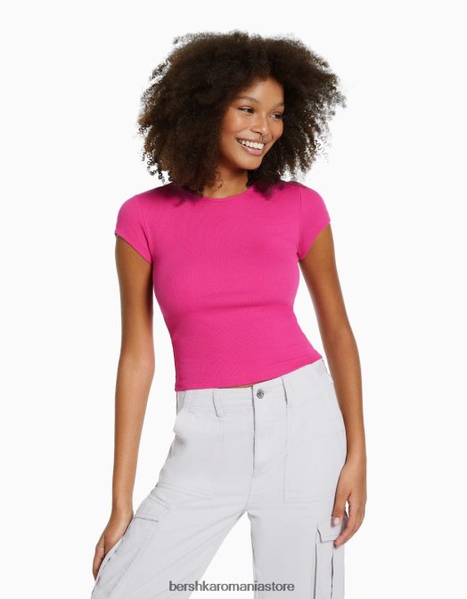 Bershka femei tricou cu mânecă scurtă cu nervuri fucsie Z86D352 îmbrăcăminte