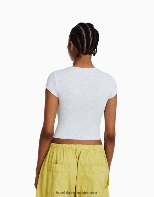 Bershka femei tricou cu mânecă scurtă cu nervuri gri Z86D343 îmbrăcăminte