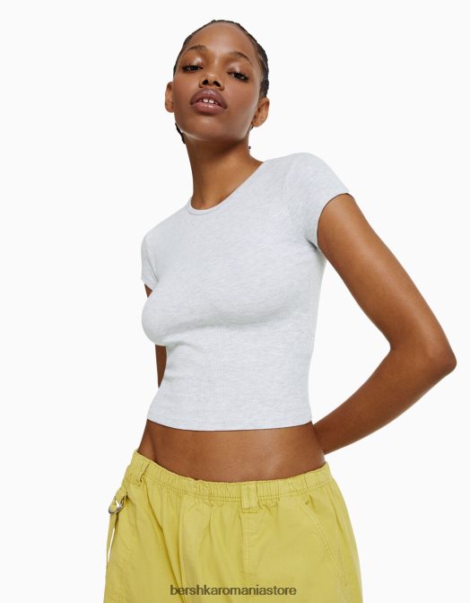 Bershka femei tricou cu mânecă scurtă cu nervuri gri Z86D343 îmbrăcăminte