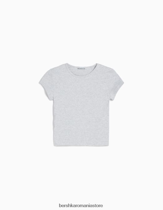 Bershka femei tricou cu mânecă scurtă cu nervuri gri Z86D343 îmbrăcăminte