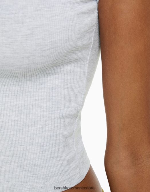 Bershka femei tricou cu mânecă scurtă cu nervuri gri Z86D343 îmbrăcăminte