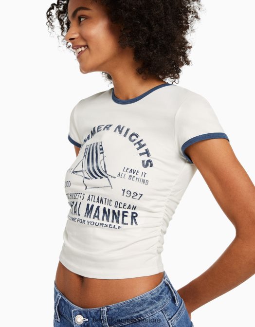 Bershka femei tricou cu mânecă scurtă cu nervuri imprimat aproape alb Z86D462 îmbrăcăminte