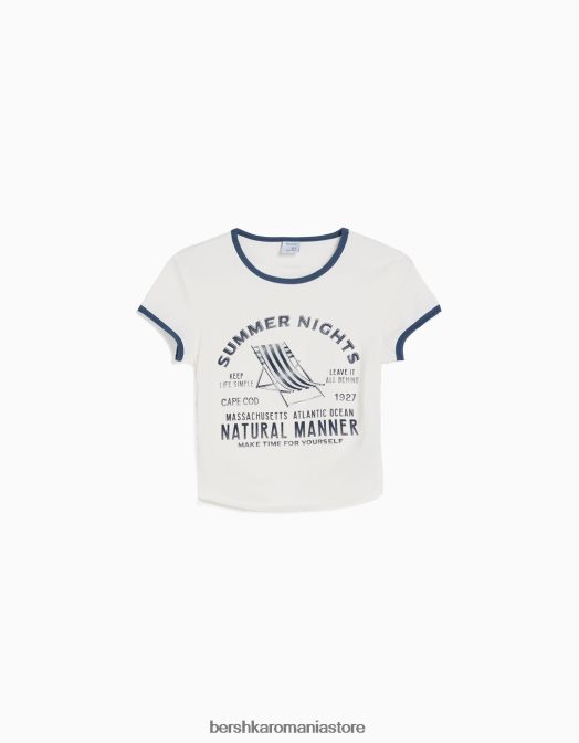 Bershka femei tricou cu mânecă scurtă cu nervuri imprimat aproape alb Z86D462 îmbrăcăminte