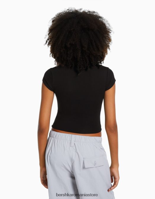 Bershka femei tricou cu mânecă scurtă cu nervuri negru Z86D344 îmbrăcăminte