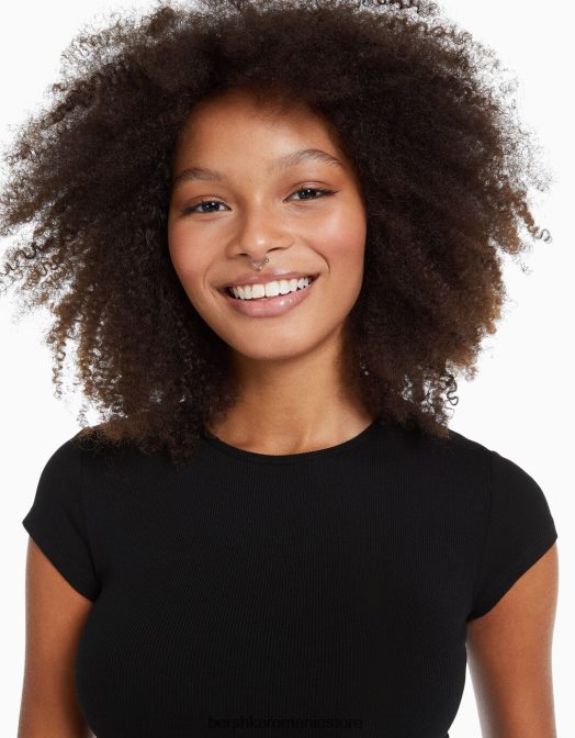 Bershka femei tricou cu mânecă scurtă cu nervuri negru Z86D344 îmbrăcăminte