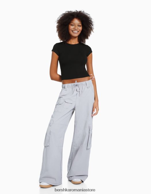 Bershka femei tricou cu mânecă scurtă cu nervuri negru Z86D344 îmbrăcăminte