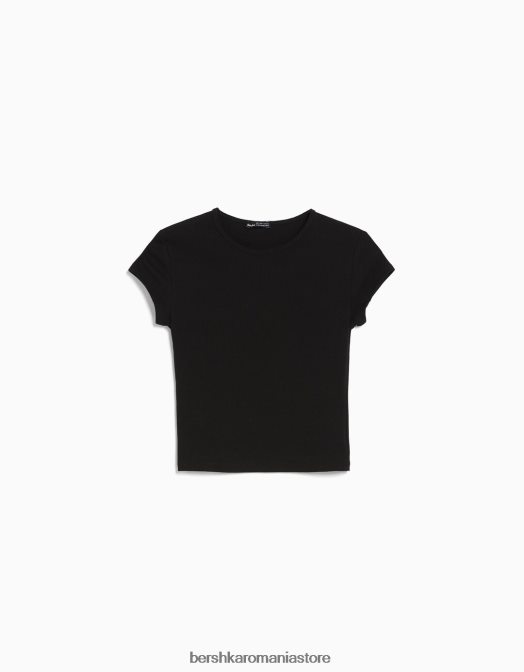 Bershka femei tricou cu mânecă scurtă cu nervuri negru Z86D344 îmbrăcăminte