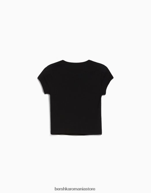 Bershka femei tricou cu mânecă scurtă cu nervuri negru Z86D344 îmbrăcăminte