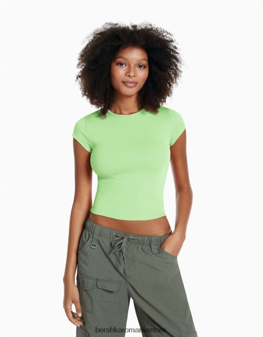 Bershka femei tricou cu mânecă scurtă cu nervuri verde Z86D349 îmbrăcăminte