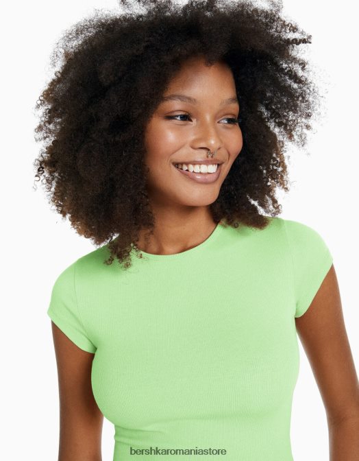 Bershka femei tricou cu mânecă scurtă cu nervuri verde Z86D349 îmbrăcăminte